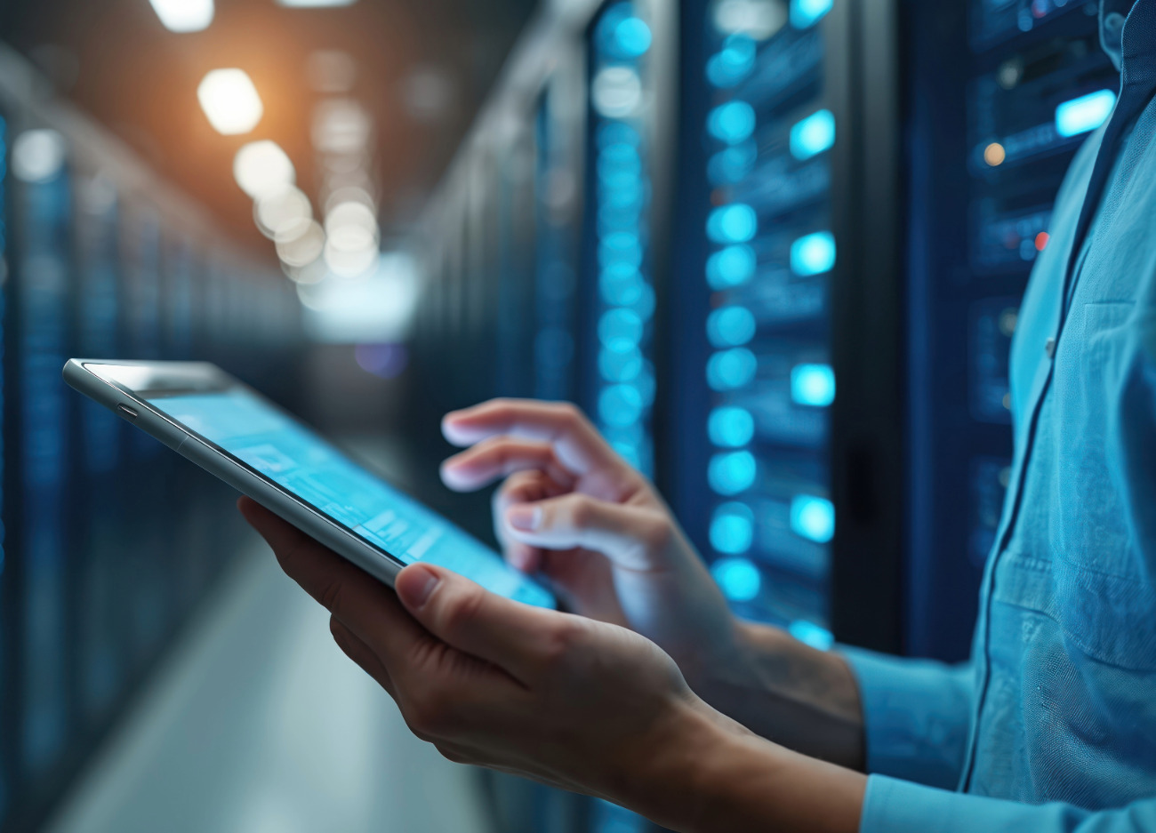 aboba-tablet IT Engineer holding tablet in server room. An example of the kind of IT Managed Service Support ABOBA delivers to clients