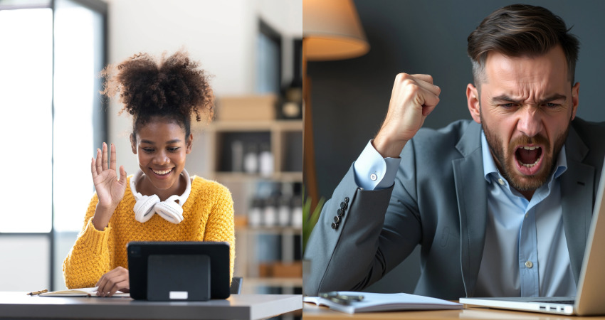 Good Bandwidth vs Bad Bandwidth for Business Happy employee and a frustrated employee experiencing good bandwidth vs bad bandwidth for business call